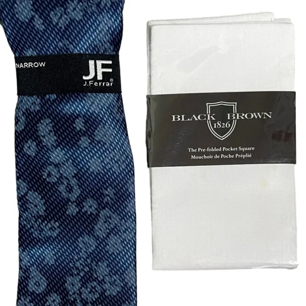 2pc Set J Ferrar Narrow Epic Indigo Floral Mute Stripe Tie + White Pocket Square